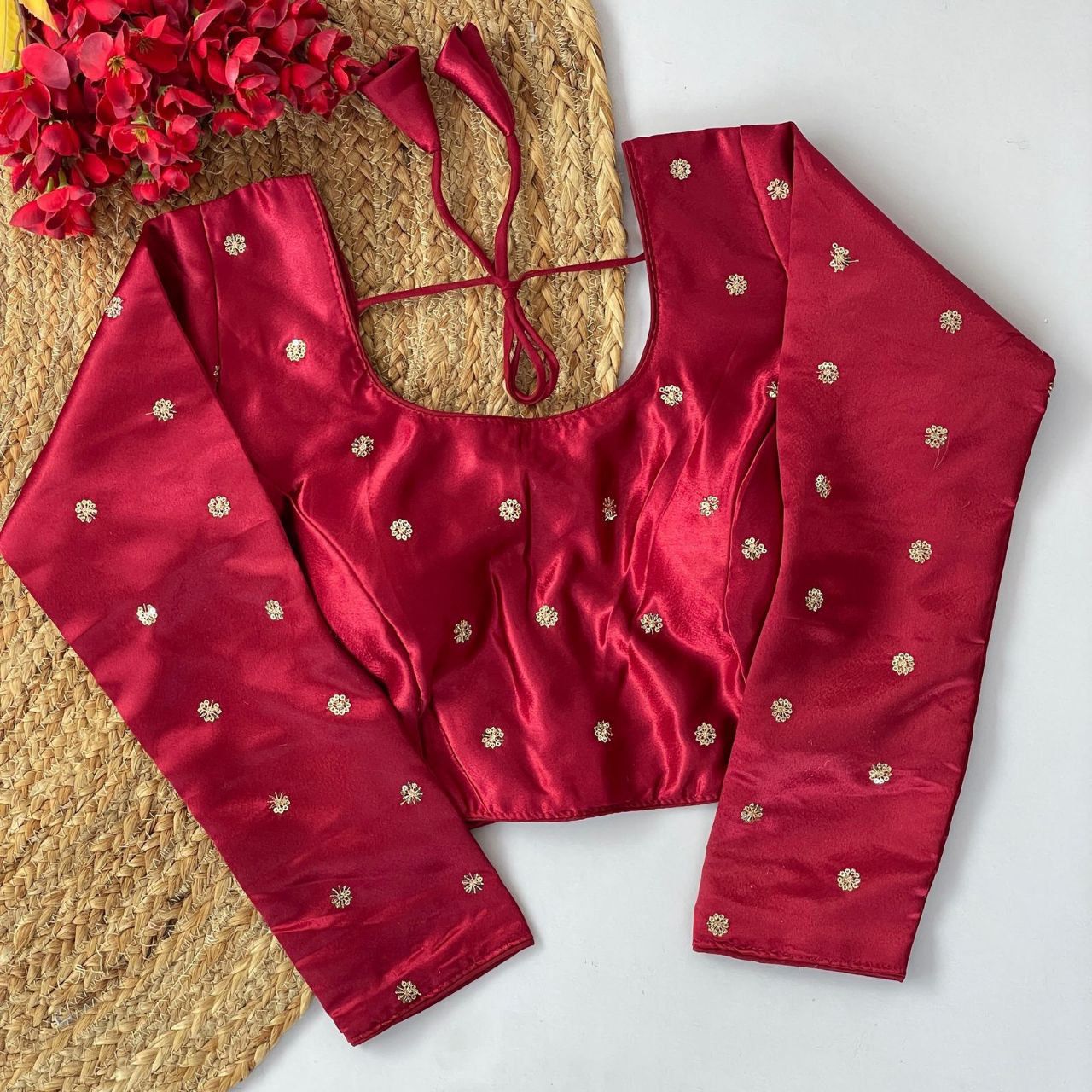 Satin Butty Silk Blouse-Red